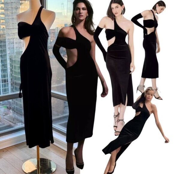 🆕 BCBGMAXAZRIA 🧿 NWOT Domenico Asymmetrical Black Velvet Dress, Sz M - Picture 1 of 16
